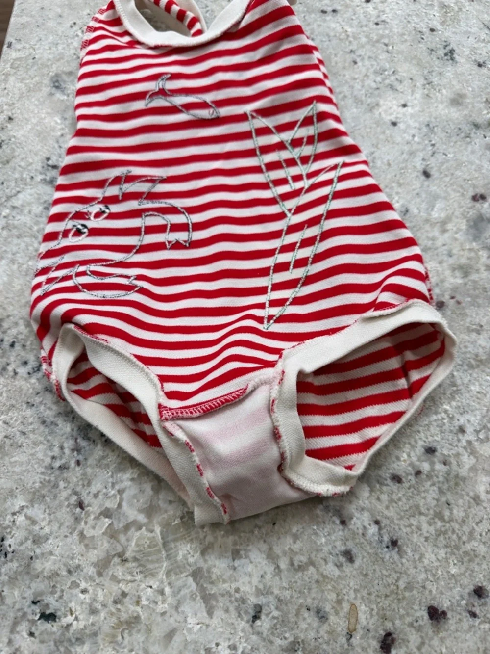 Rare Vintage 1960s Girls Swimsuit Red Striped Sea Creatures One Piece Size 6